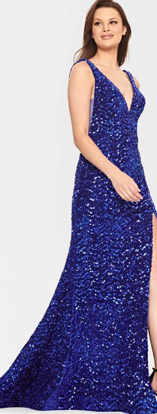 Velvet Sequin Prom Dress With Deep V Neck And Mesh Side Panels