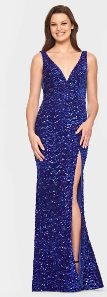 Velvet Sequin Prom Dress With Deep V Neck And Mesh Side Panels
